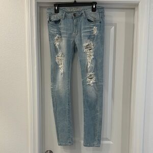 Machine Light Blue Distressed Low Rise Stretch Skinny Jeans